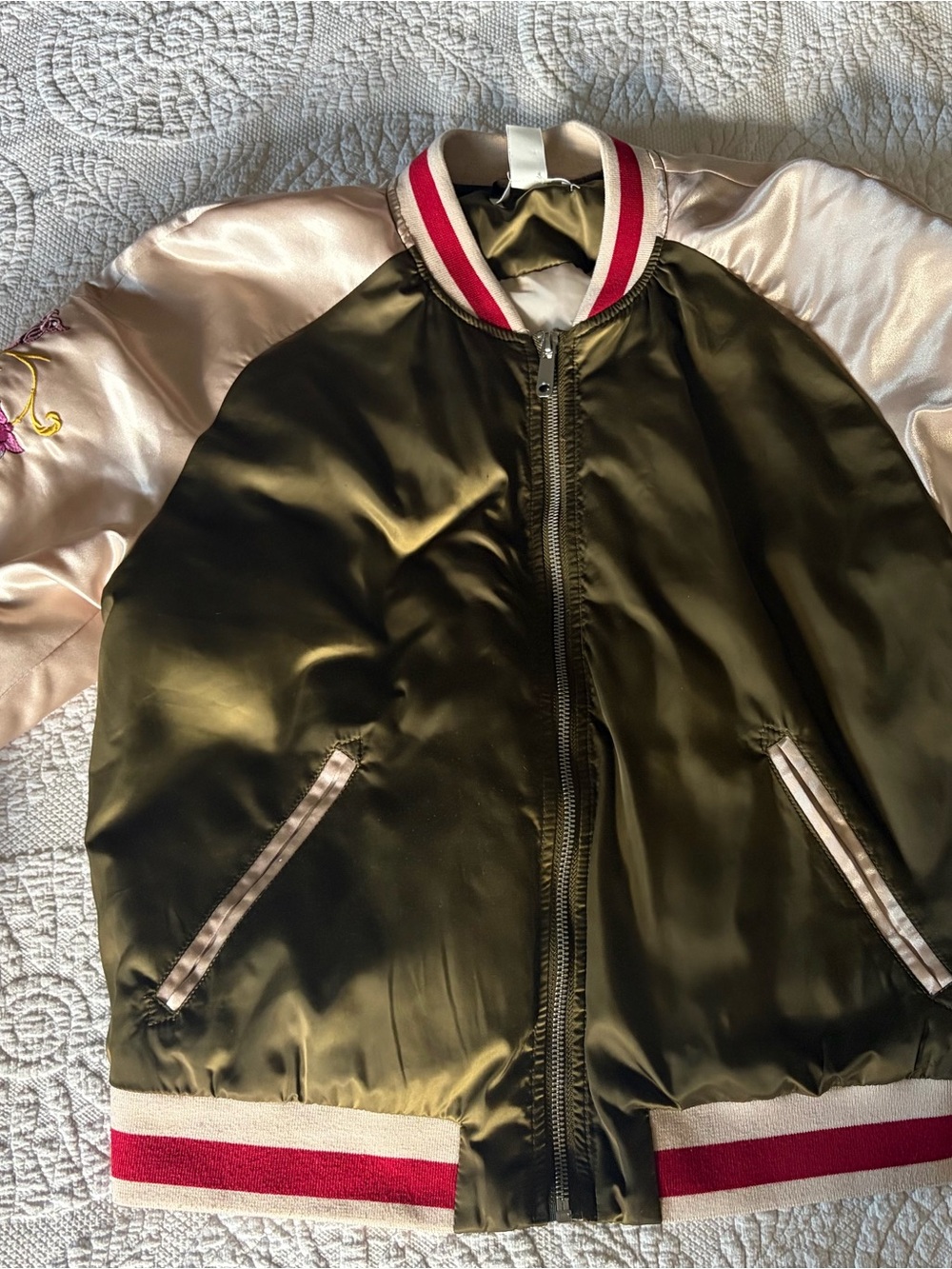 H&M Olive Satin Bomber Jacket with Pale Pink Sleeves and Stripe Trim